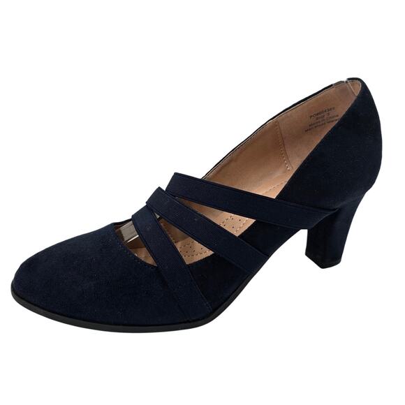 Journee Collection Pump Navy Blue Faux Suede Elastic Strap Block Heel Women's 9 - Picture 1 of 8